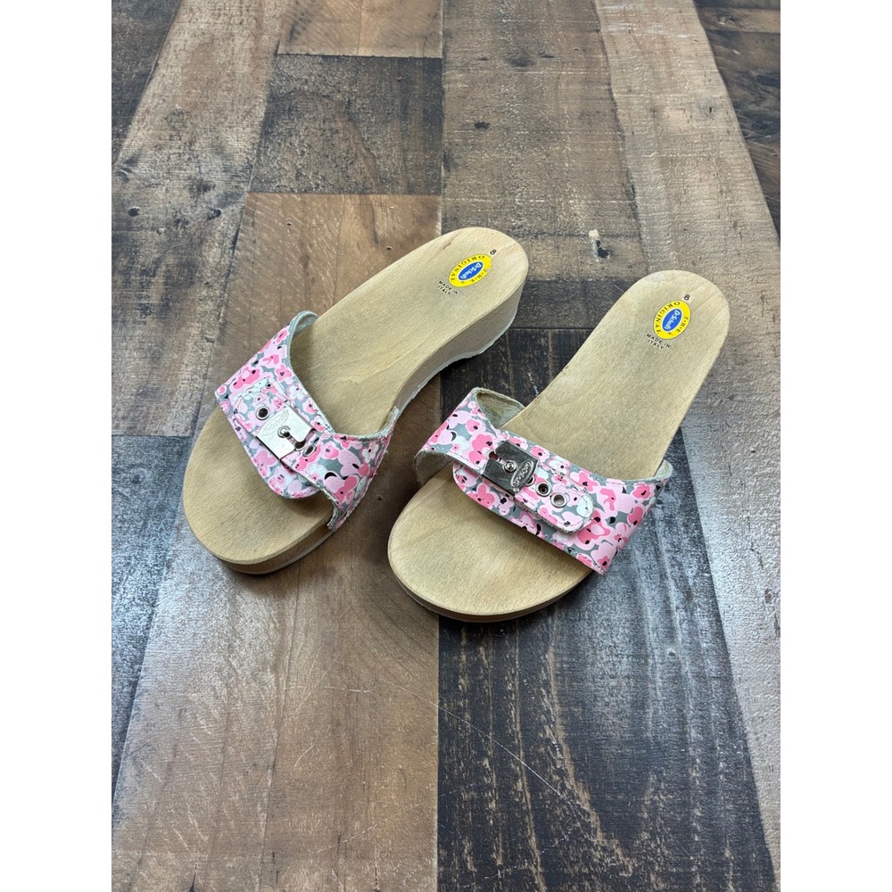Dr. Scholl's Original Wood Sandals Women 8 Pink Floral Slide Buckle Italy